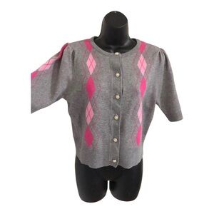 Gray pink diamond pattern pleated puff sleeve chubby‎ bejeweled button cardigan